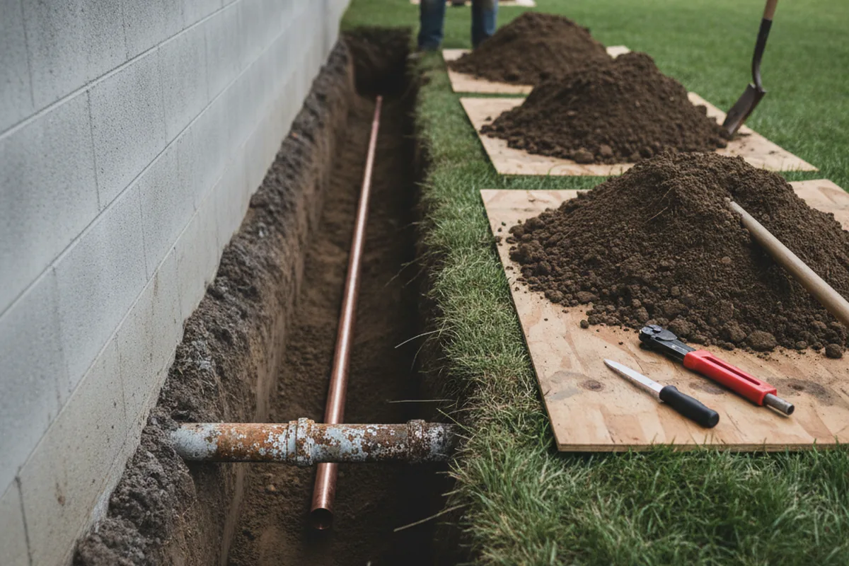 Excavated water line trench during Water Heater Repair in Yucca Valley